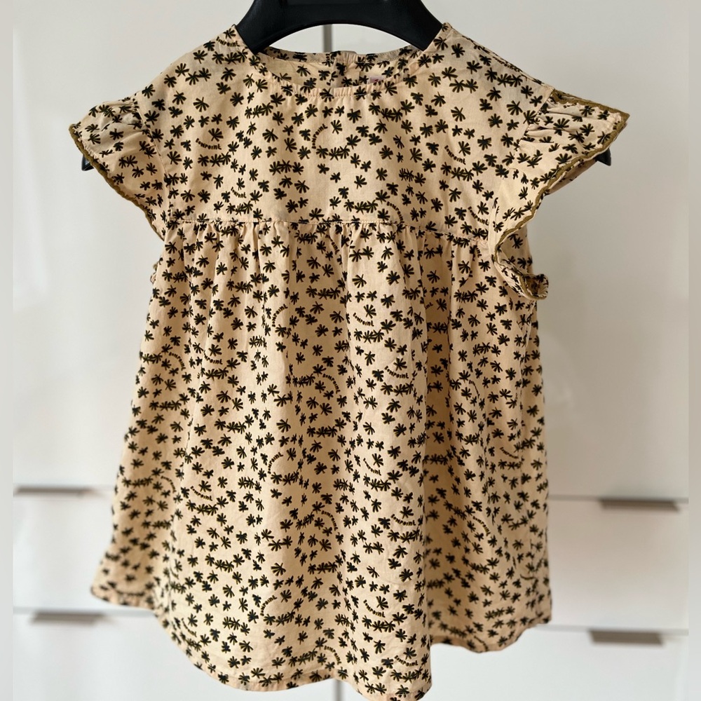 Bonpoint Beige Floral Print Flutter Sleeve Dress